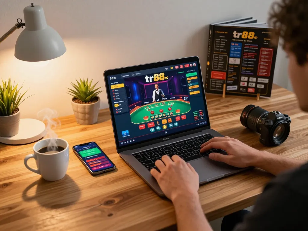 Player engaging with tr88 com online blackjack, showcasing vibrant gaming setup and strategic notes.