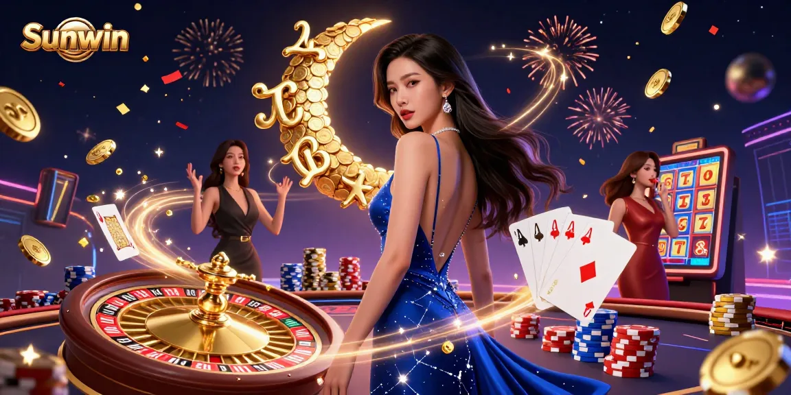 Experience Sunwin's vibrant casino action with a spectacular 3D illustration showcasing a glamorous Asian woman amidst dynamic gaming elements.