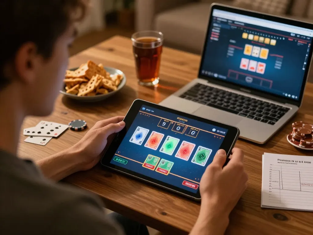 Player enjoying Jun88 online poker game on tablet surrounded by drinks and snacks.