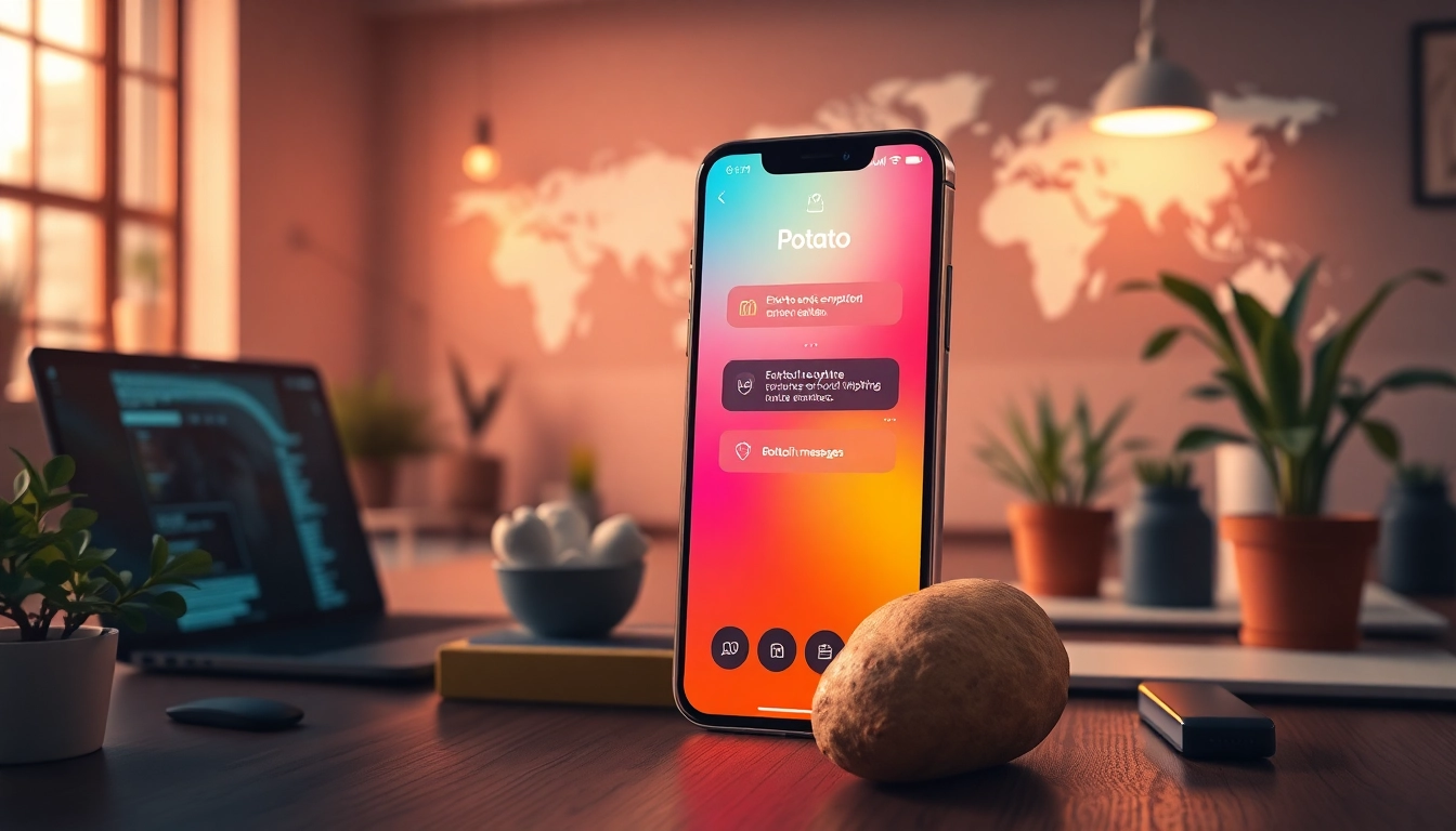 Potato下载 app interface displayed on a smartphone in a modern workspace, highlighting security features and global connectivity.