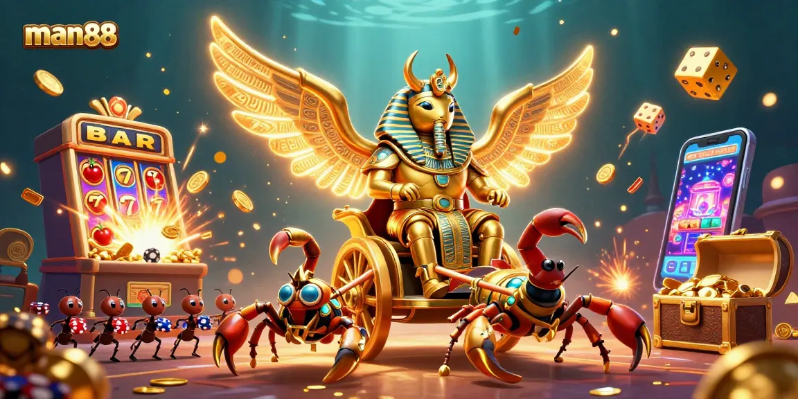 Join the fun with man88 as the golden scarab and scorpions celebrate casino wins!
