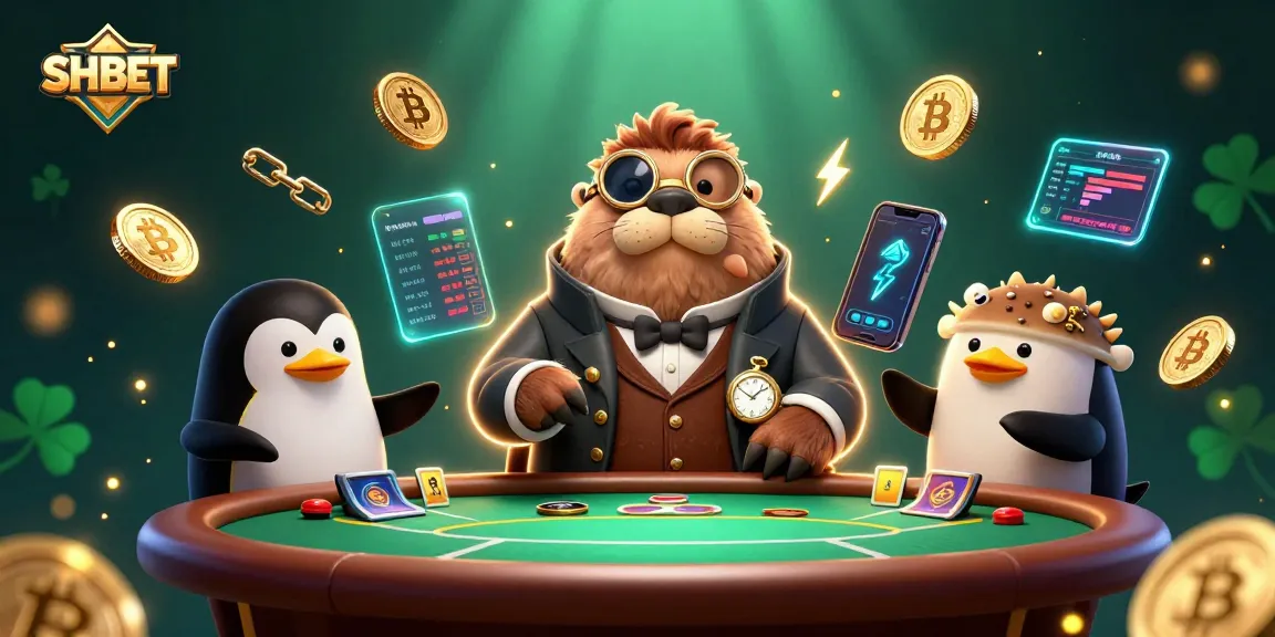 Engage in playful poker with SHBET alongside a jolly walrus, penguin dealer, and pufferfish player