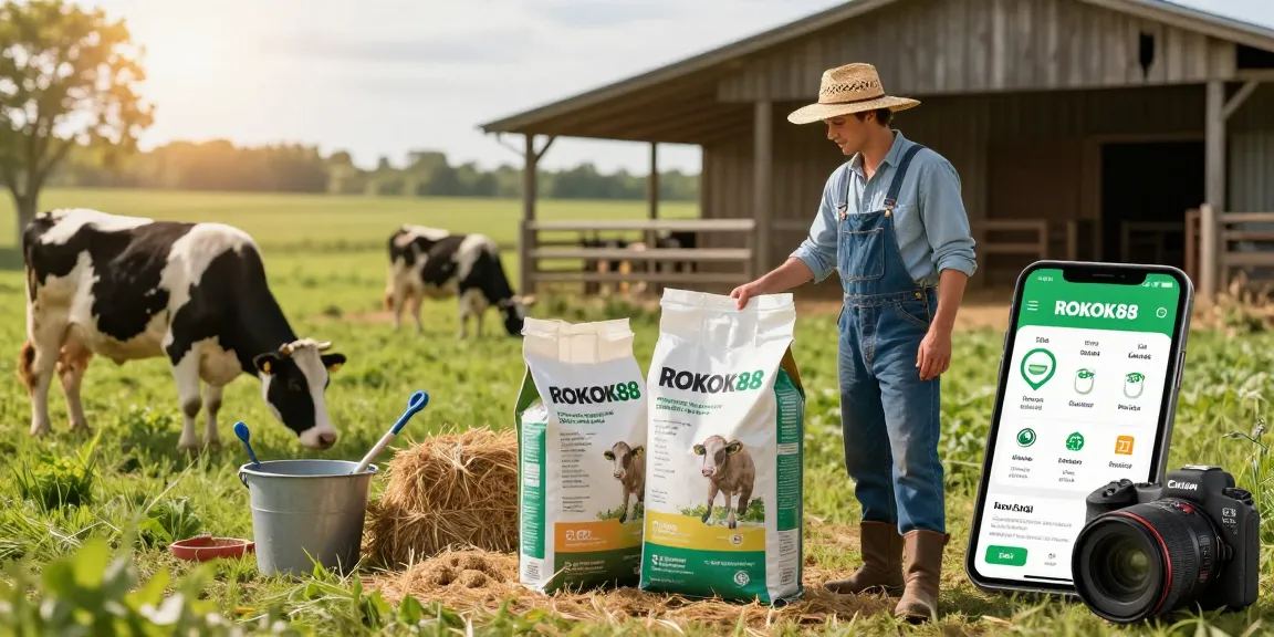 Farmer evaluating ROKOK88 quality feed for livestock in a sunny rural setting.