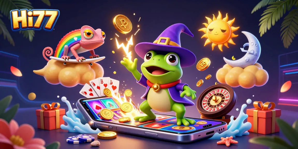 Experience thrilling gaming activities at Hi77, featuring golden coins, slot games, and exciting characters.