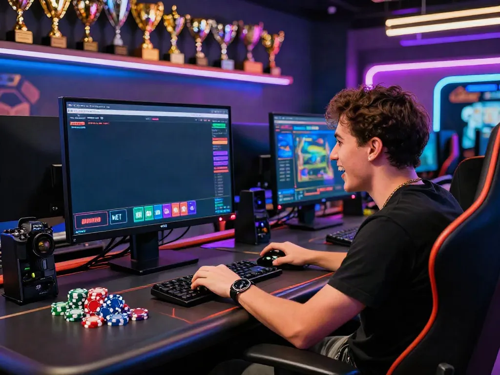 Player immersed in online gaming at NBET, surrounded by poker chips and trophies in a vibrant, energetic atmosphere.