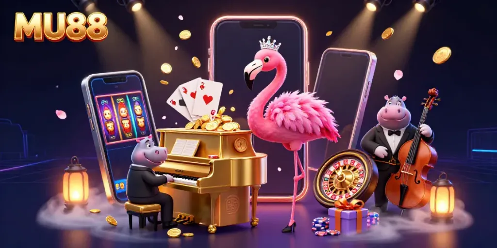 Experience excitement at MU88 with a vibrant 3D illustration of flamingo singers, games, and dynamic casino elements.