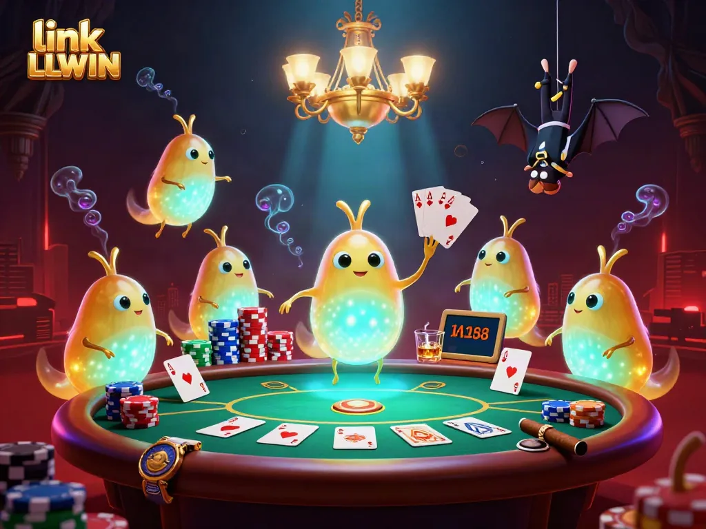 Join the fun with link LLWIN as glowworms illuminate a vibrant casino scene with poker elements.
