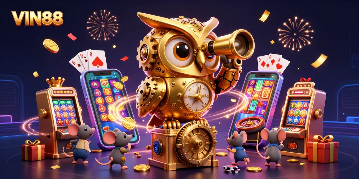 Engage in thrilling gaming at VIN88 with a lively casino scene featuring dynamic slot machines and festive atmosphere.