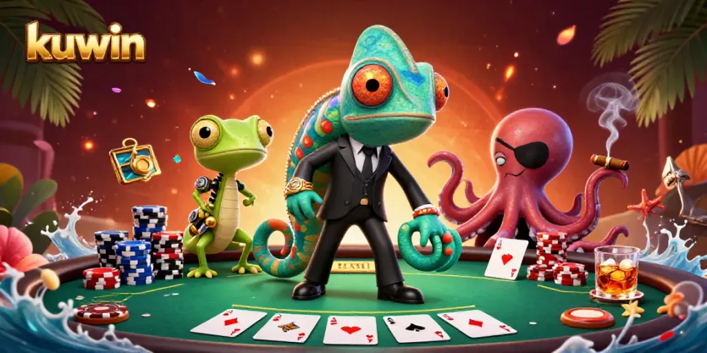 Kuwin agents playing cards in a colorful casino setting surrounded by dynamic game elements.