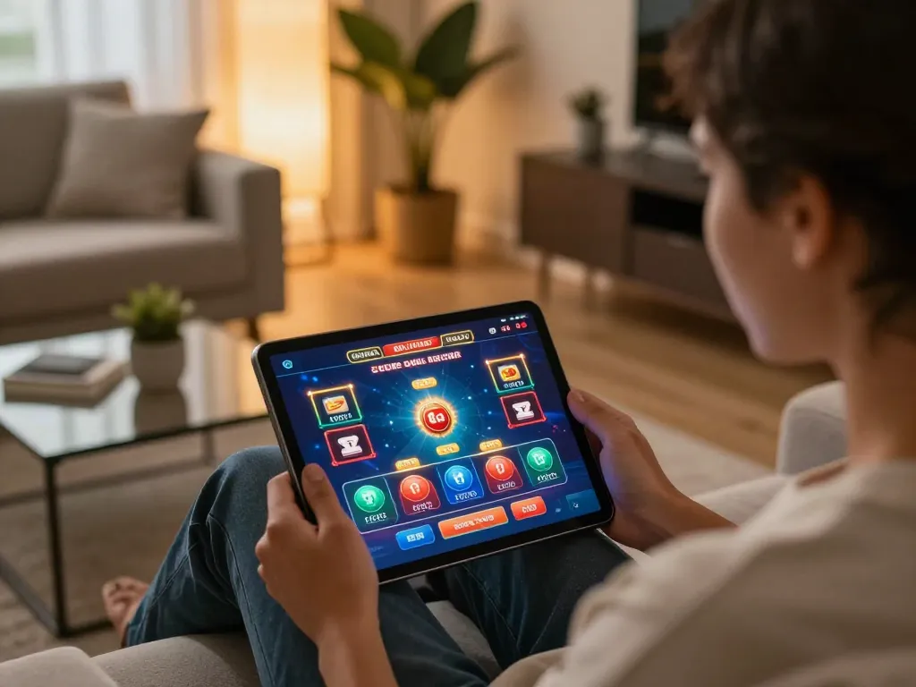 Sapporo-dogscafe ambiance depicted through a person enjoying online casino gameplay on a stylish tablet in a cozy living room.