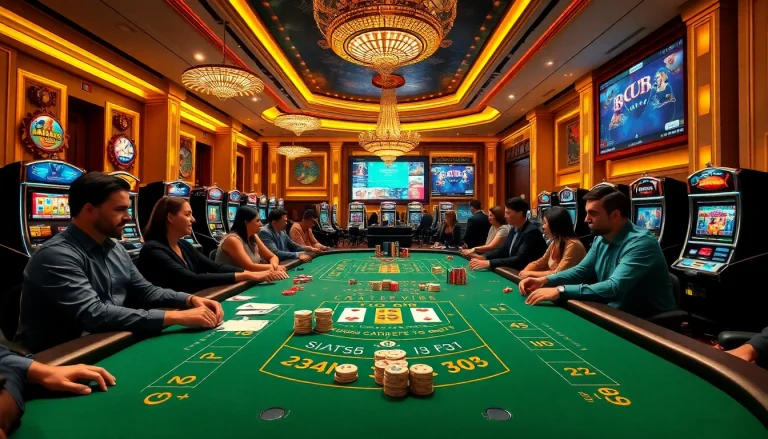 Experience excitement at https://red88.hot/ with players enjoying baccarat and vibrant slot machines.