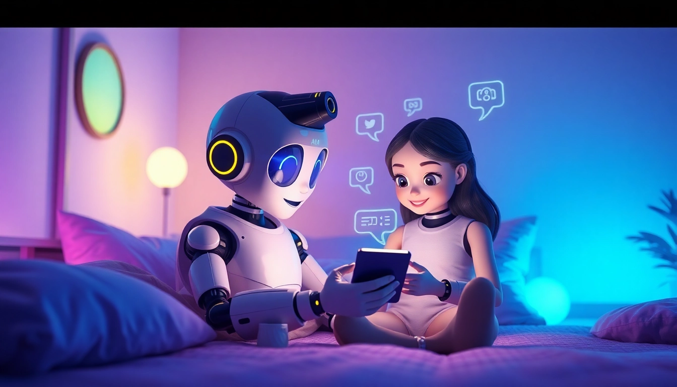 Engaging visual of Crush AI showing a user interacting with a friendly AI character in a cozy, futuristic setting.