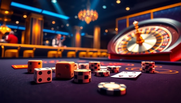 A vibrant online casino scene featuring elements from https://888new.jpn.com/, showcasing poker chips and a roulette wheel.