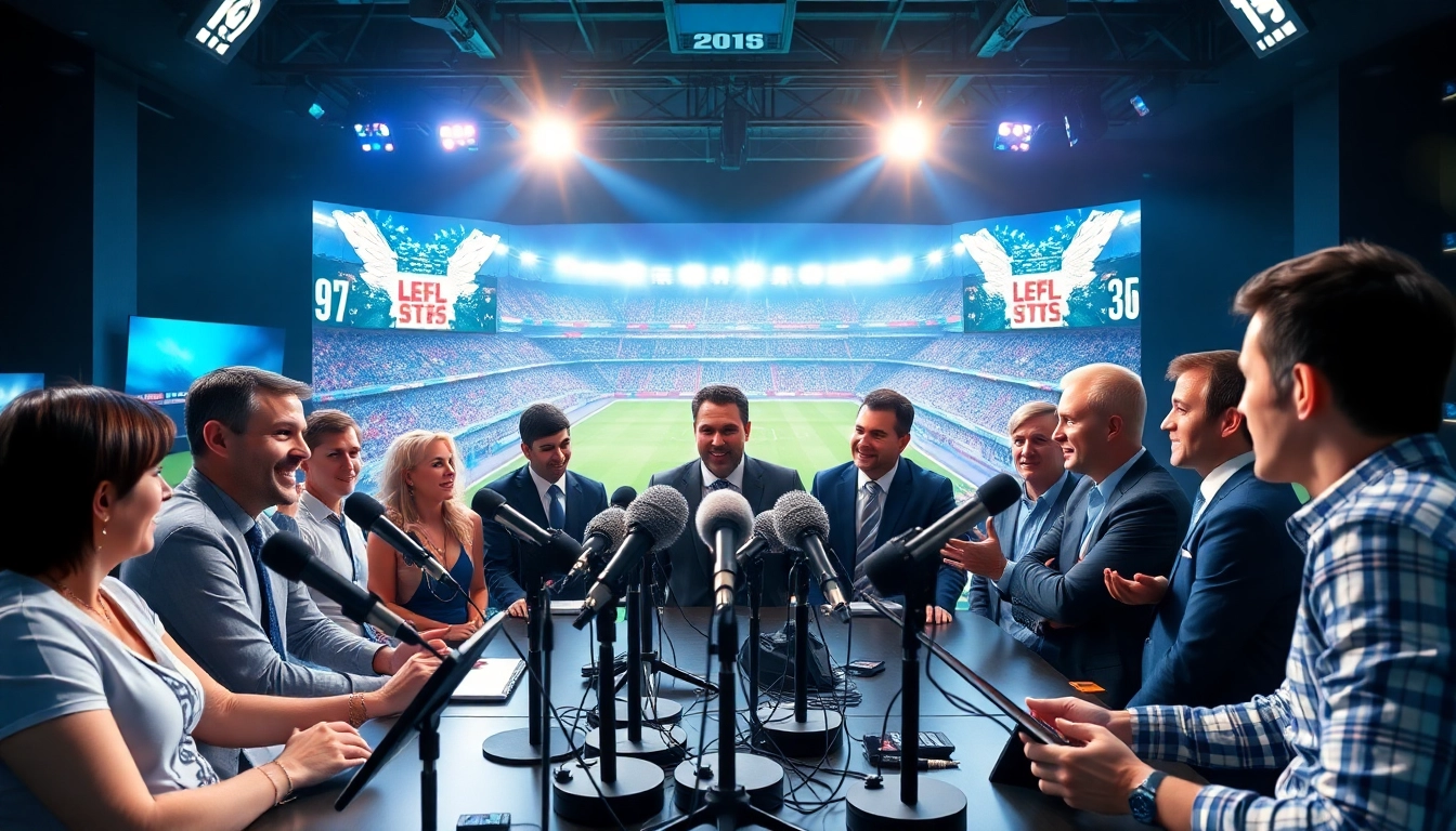 Sports Broadcasting commentators passionately discussing a live game in a high-tech studio.