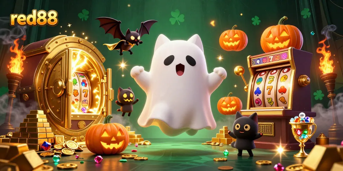 Experience thrilling wins at red88 with a lively ghost cat promoting slots action in a haunted casino.