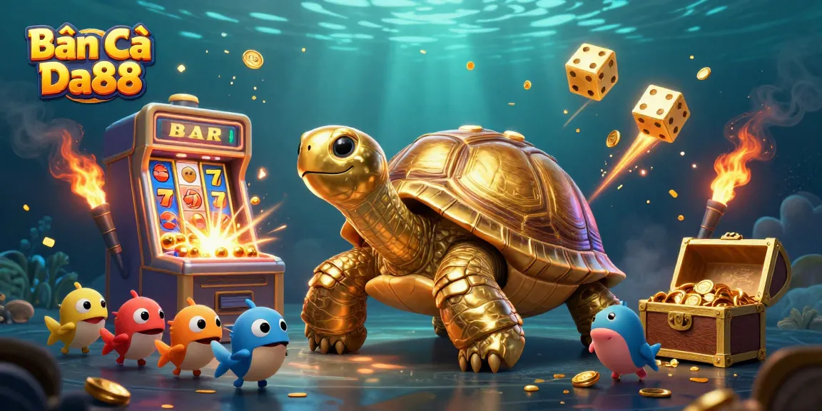 Bắn Cá Da88 showcases a vibrant underwater casino scene with a golden tortoise pinball machine and lively slot elements.