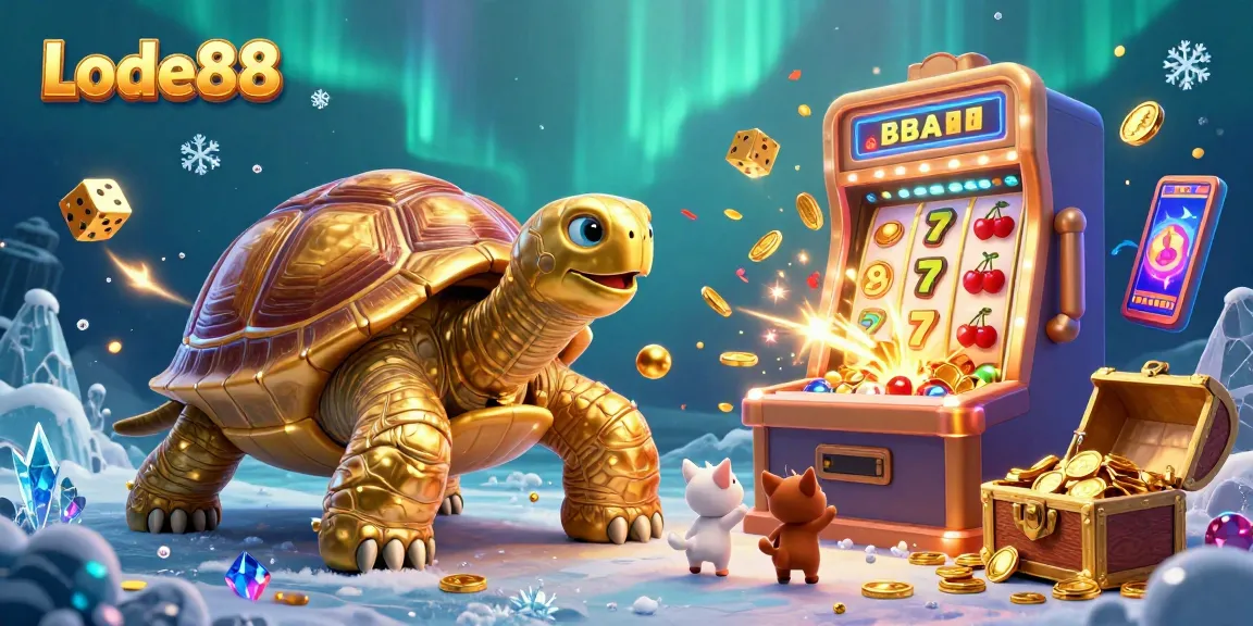 Lode88 showcases a vibrant 3D slot jackpot scene with golden tortoise and lively game elements.