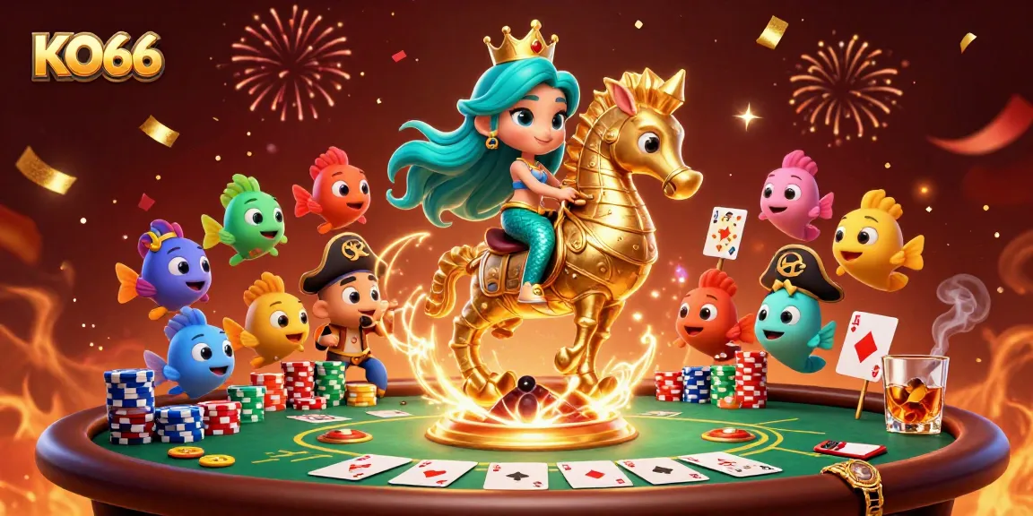 Engage with KO66's vibrant casino world featuring a mermaid and poker elements.