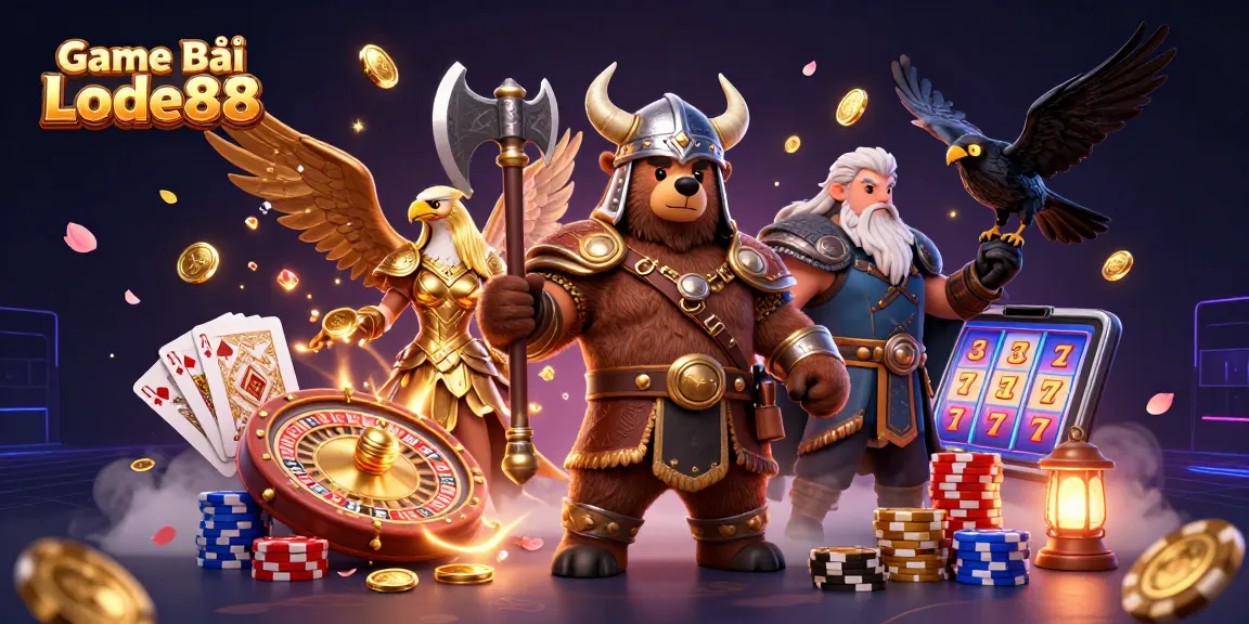 Engage with Game Bài Lode88 featuring a Viking bear, Valkyrie eagle, and dynamic casino elements.