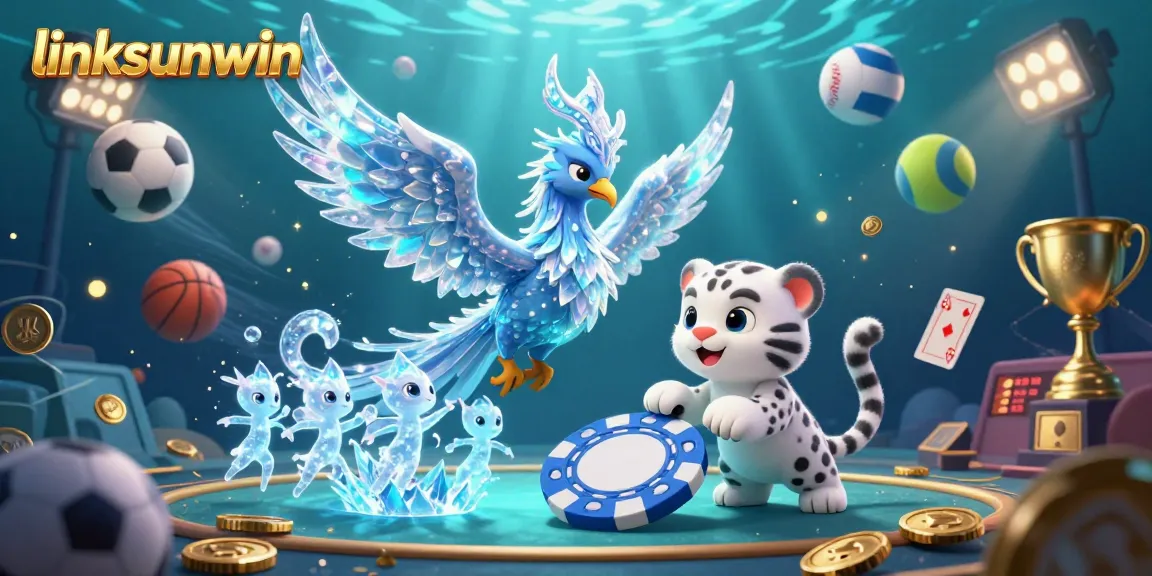 Immerse yourself in the world of linksunwin with vibrant gambling visuals featuring a playful phoenix, a snow leopard, and dynamic sports elements.
