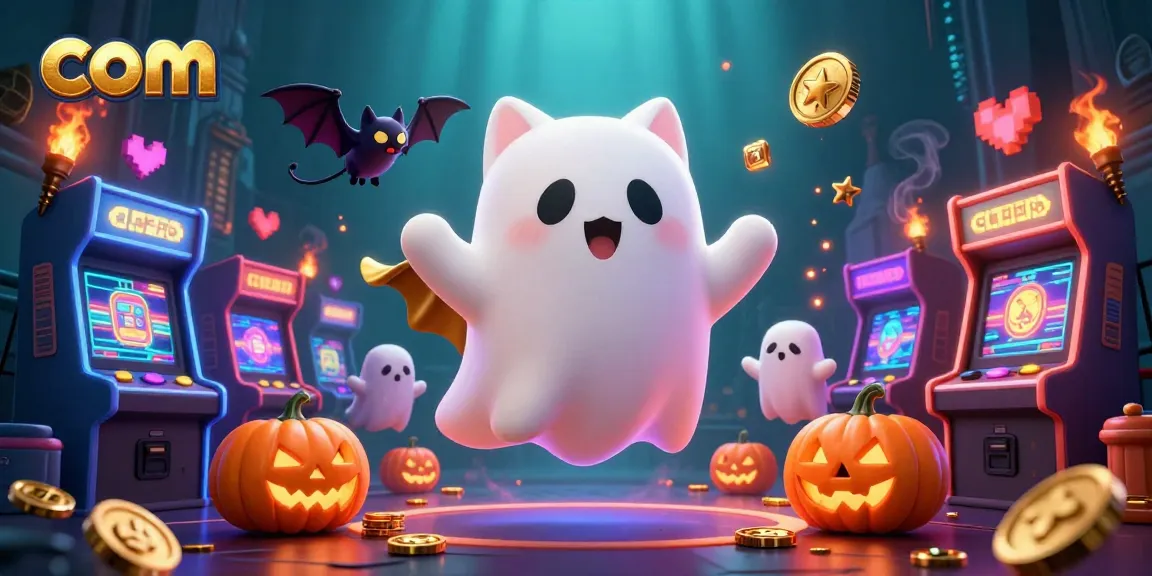 Engage with the thrilling com environment of a haunted casino featuring a ghost cat, vampire bat, and glowing jack-o-lanterns.